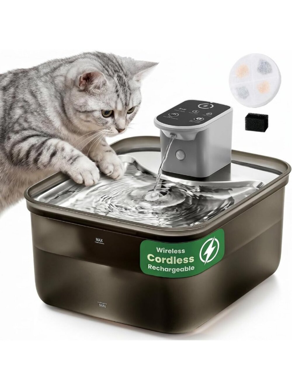 Rechargeable Cordless Cat Water Fountain - 3.5L Stainless Steel Pet Dispenser